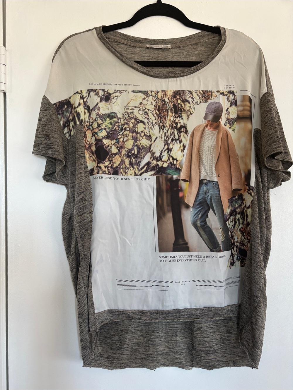 Zara W/B Collection Heather Gray Short-Sleeve Graphic Panel Tee M